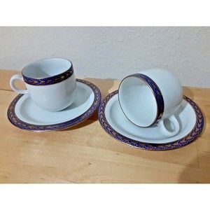 Antique Walbrzych Demi Cups & Saucers Porcelain White Blue Gold Trim Set of 2